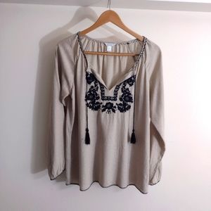 Garnet Hill Boho Tunic Brown with Black Floral Embroidery Silk